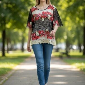 Rains Black and Red Floral Lace Blouse